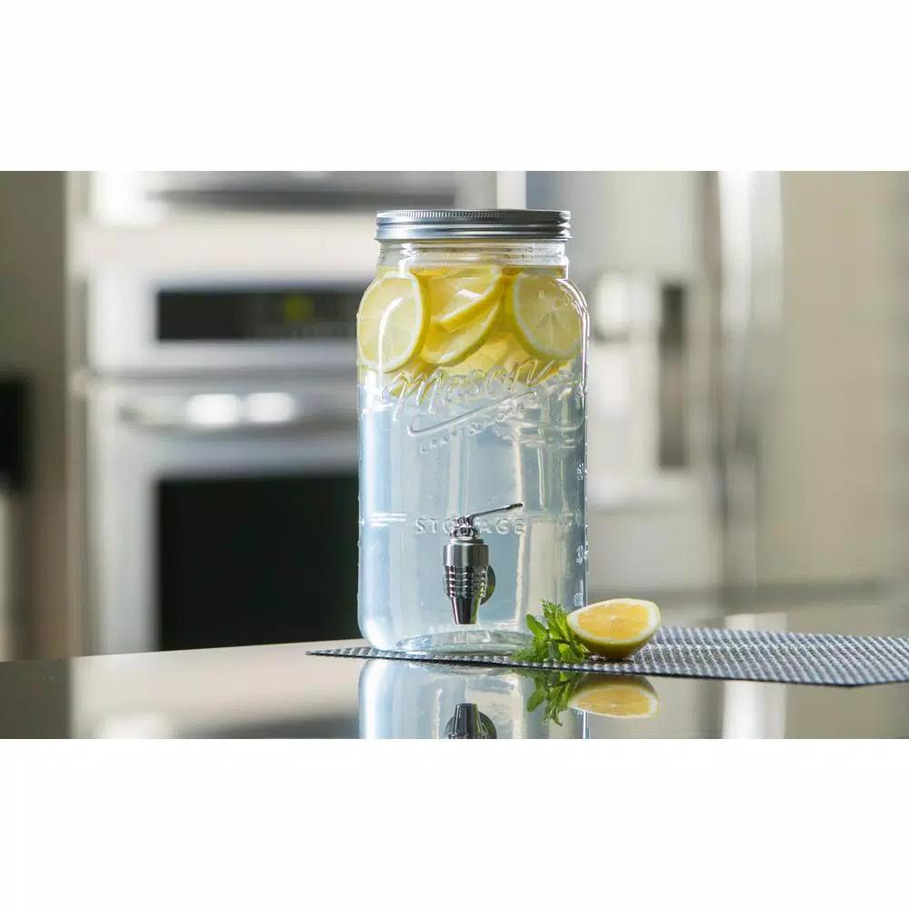 MASON CRAFT & MORE 5-Piece Clear Glass Drink Dispenser Set with 4L Dispenser and 4 Mugs with Metal Lids