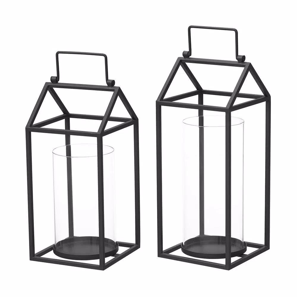 StyleWell Black Metal and Glass Candle Lantern Set of 2, Hanging or Tabletop