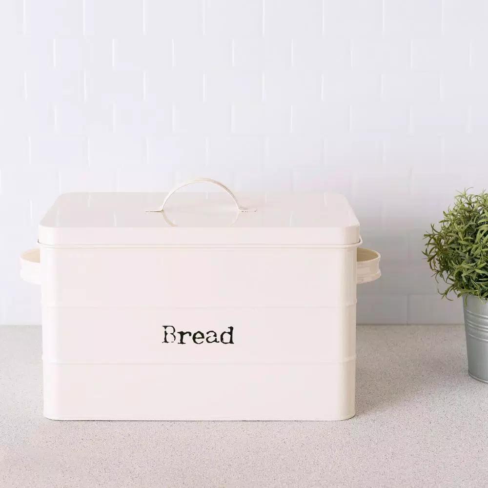Home Basics Vintage Style Tin Bread Box - Ivory Metal Bread Canister with Airtight Lid
