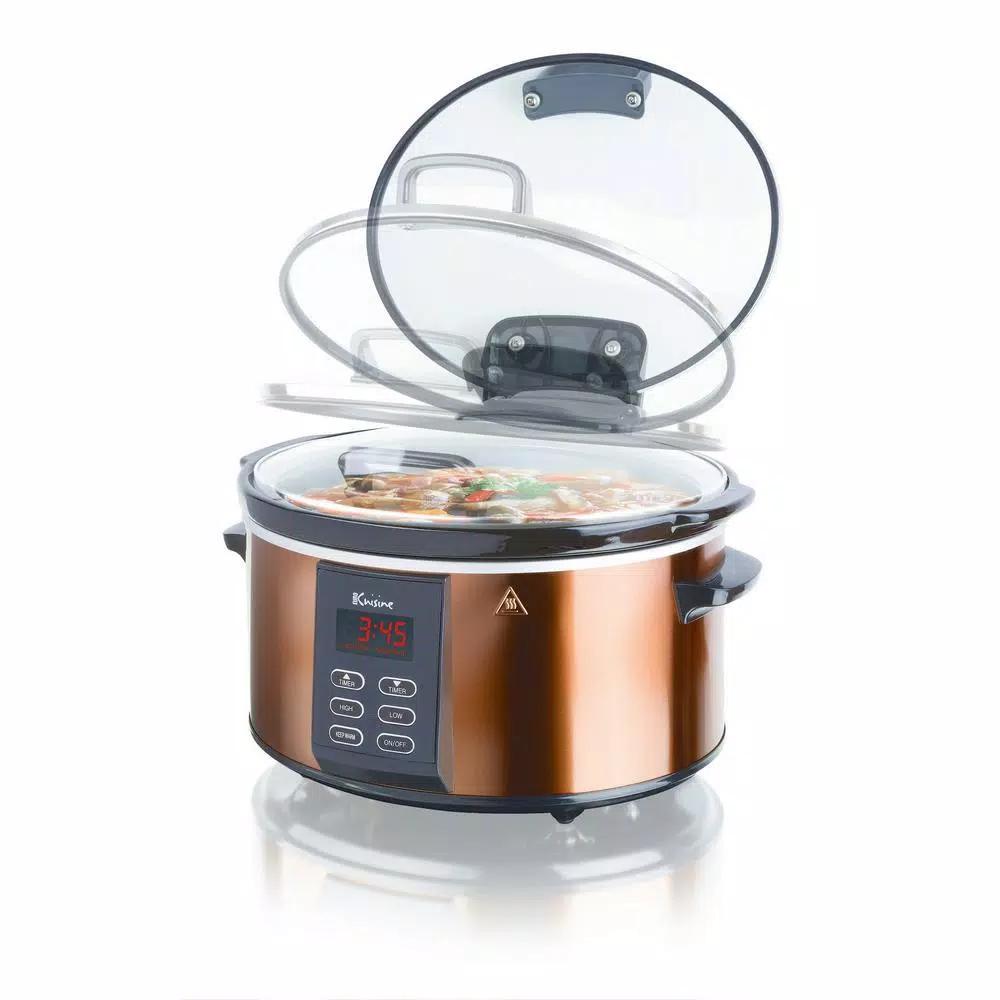Euro Cuisine 6 Qt. Copper Electric Digital Slow Cooker with Programmable Timer and Hinged Glass Lid