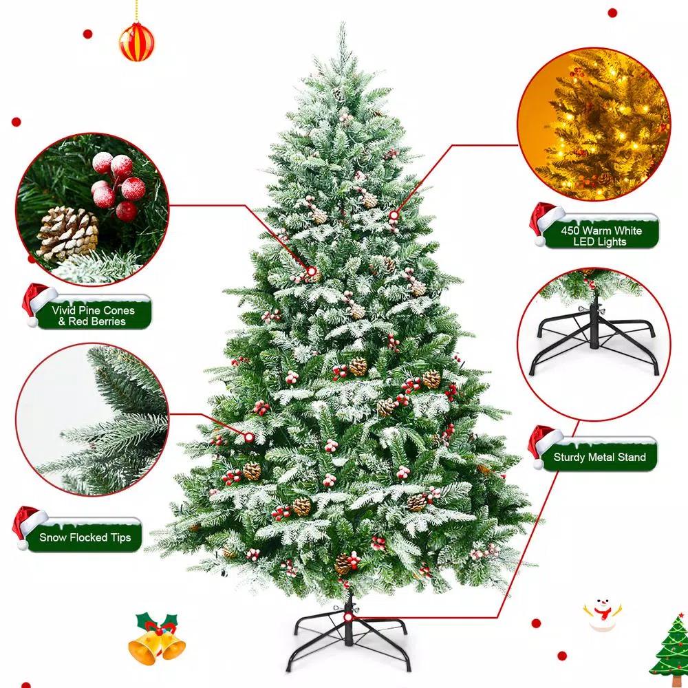 Costway 6.5 ft. Pre-Lit Slim Fraser Fir Artificial Christmas Tree with 450 Warm White LED Lights and Snow Flocking