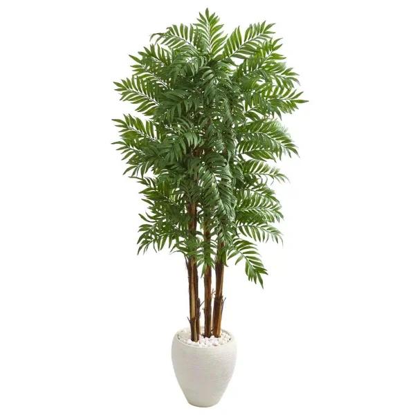 Nearly Natural 6 ft. Artificial Parlour Palm Tree with White Planter and Decorative Rocks