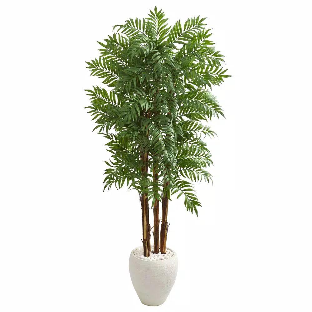 Nearly Natural 6 ft. Artificial Parlour Palm Tree with White Planter and Decorative Rocks