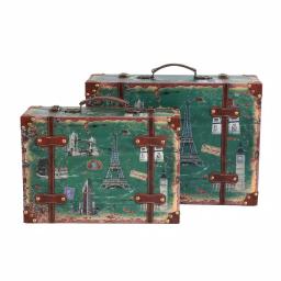 Vintiquewise Set of 2 Vintage-Style World Map Wooden Suitcase Trunks with Leather Straps - Green thumbnail 2