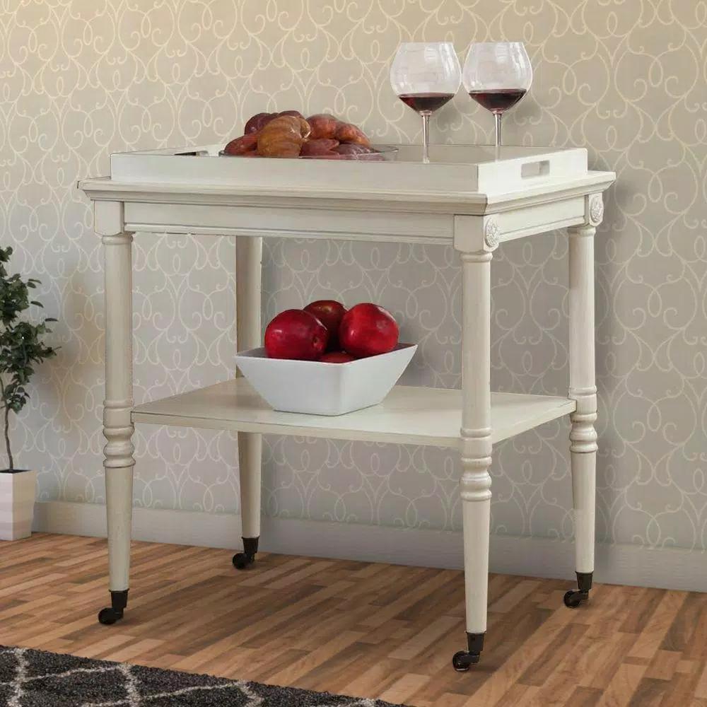 Benjara Antique White Wooden Serving Tray Table with 2-Tier Storage and Casters
