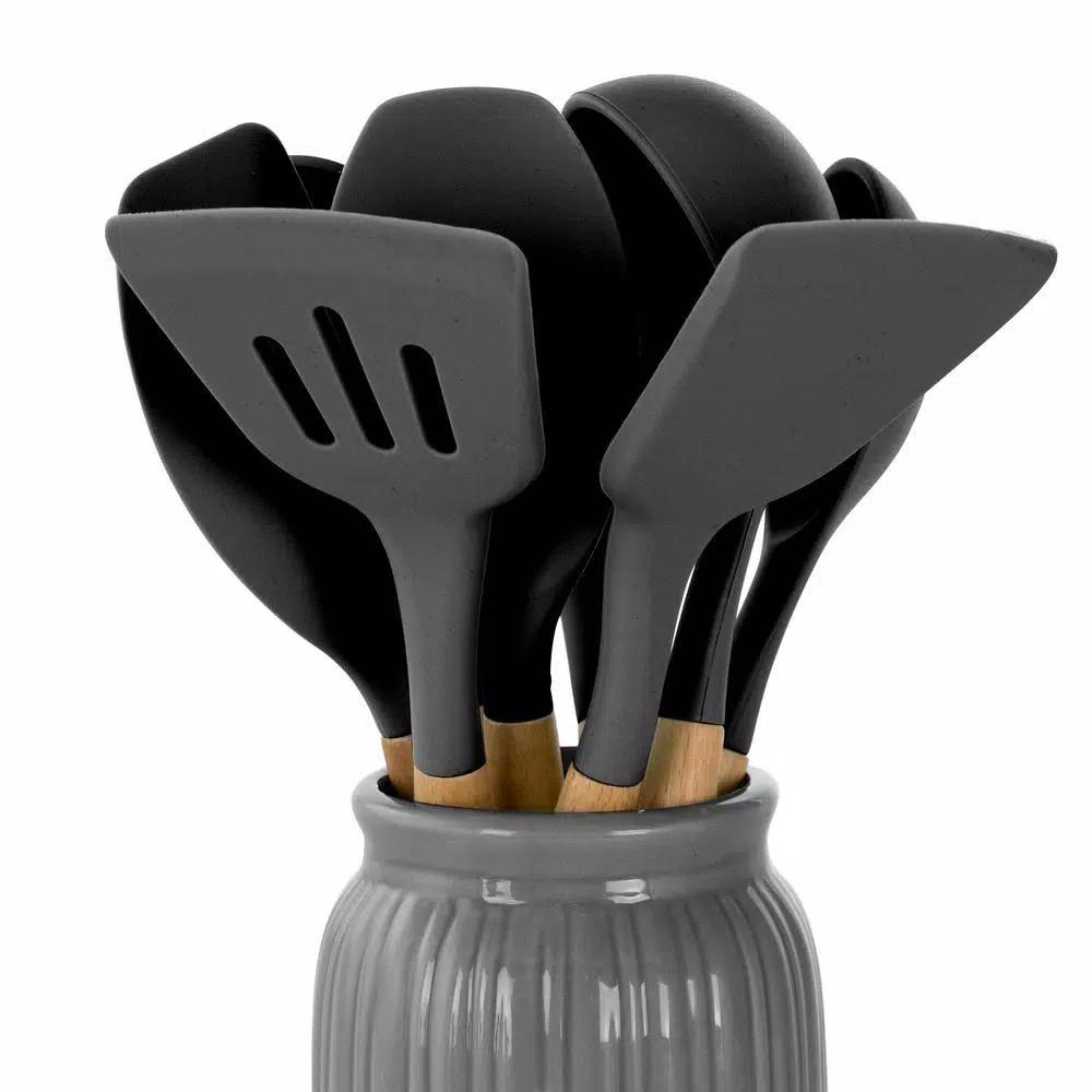MegaChef 9-Piece Gray Silicone and Wood Kitchen Utensil Set with Ceramic Holder