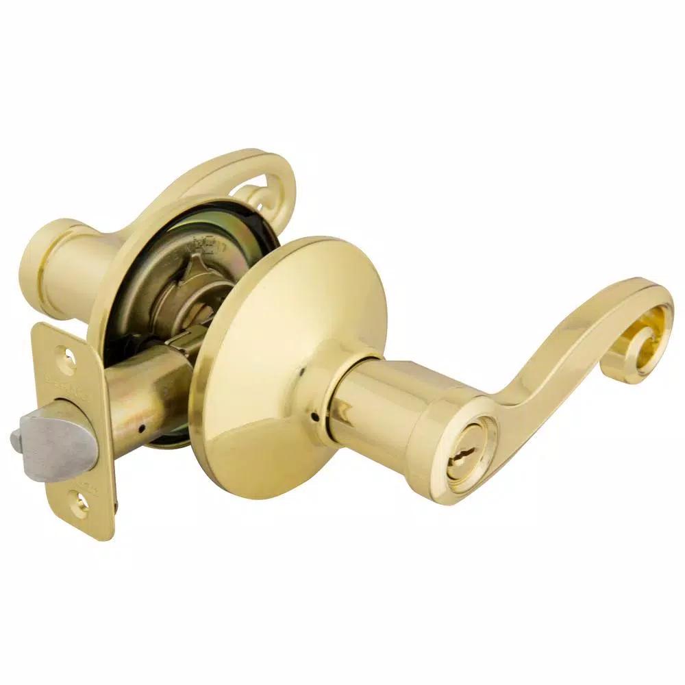 Defiant Scroll Keyed Entry Door Lever, Polished Brass