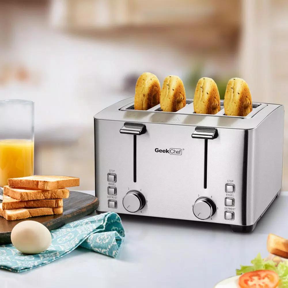 Boyel Living 1500W 4-Slice Wide Slot Silver Toaster with 6 Shade Settings and Removable Crumb Tray
