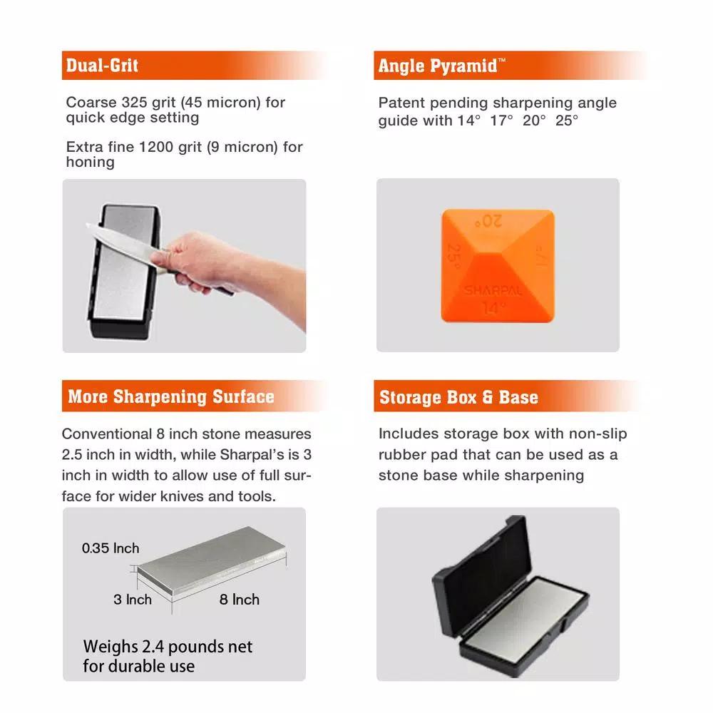 Sharpal 162N 8-in. Dual-Grit Diamond Whetstone Sharpener with Storage Base and Angle Guide