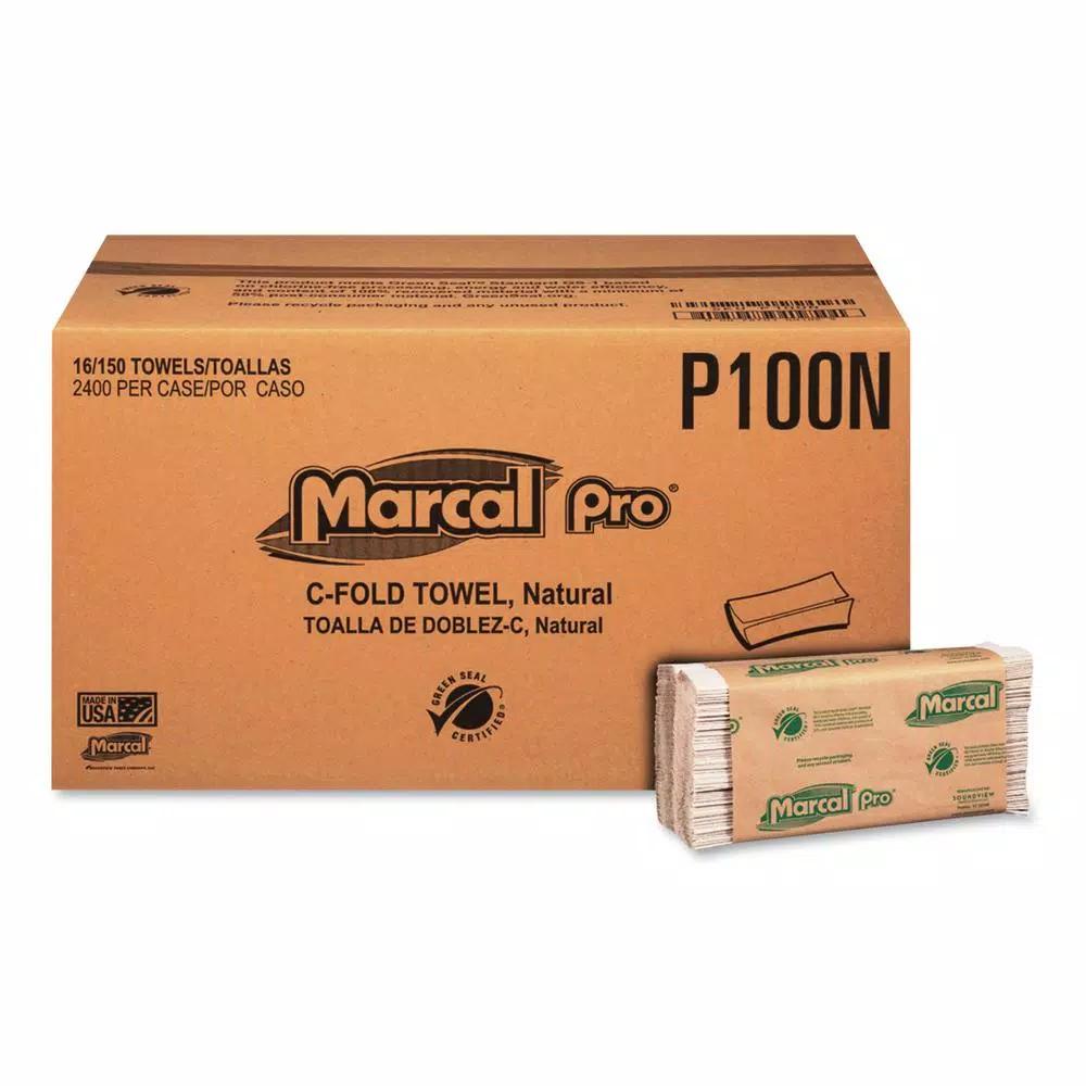 Marcal Pro 100% Recycled C-Fold White Paper Towels, 150 Sheets Per Pack, 16 Packs Per Carton