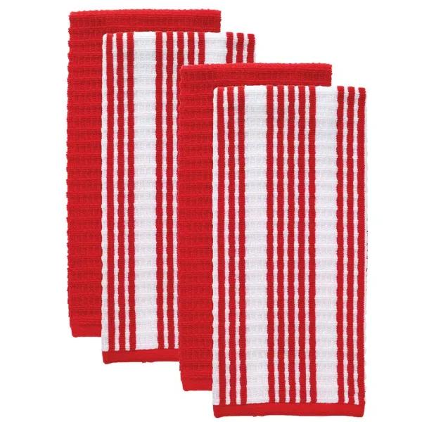 RITZ T-fal RITZ Cotton Waffle Terry Kitchen Towel Set, Red Solid and Stripe (Set of 4)