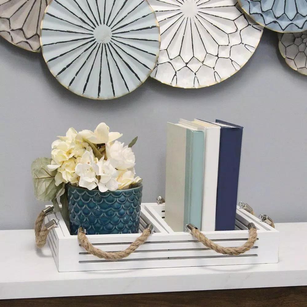 Stratton Home Decor Hampton Nesting Trays, Set of 3, White Wood with Rope and Metal Handles