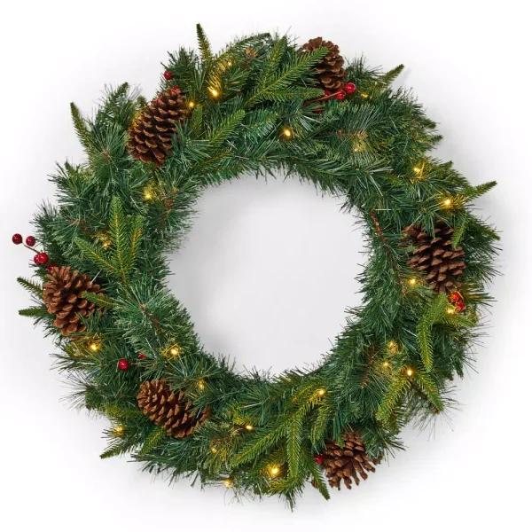 Noble House 24 in. Mixed Pine Artificial Christmas Wreath with Pine Cones, Berries, and Warm White LED Lights