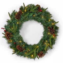 Noble House 24 in. Mixed Pine Artificial Christmas Wreath with Pine Cones, Berries, and Warm White LED Lights thumbnail 1