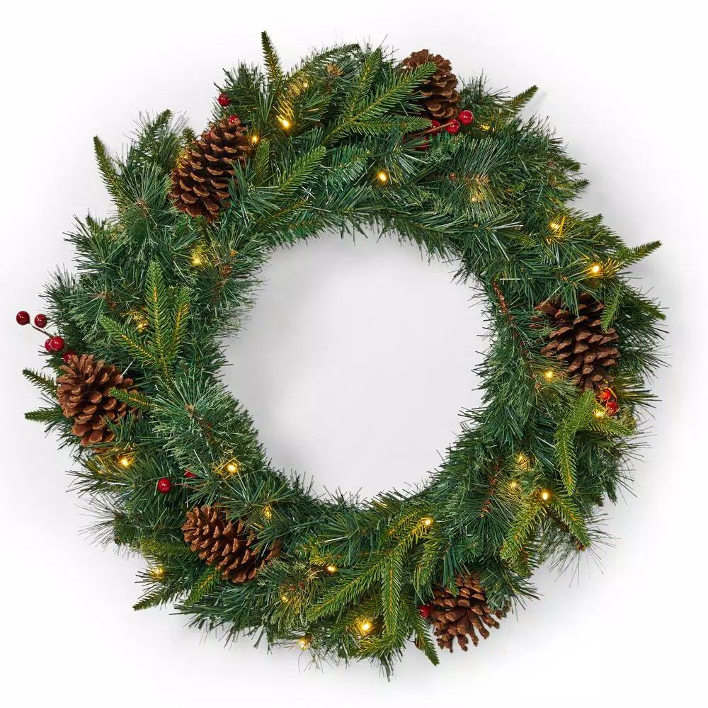 Noble House 24 in. Mixed Pine Artificial Christmas Wreath with Pine Cones, Berries, and Warm White LED Lights