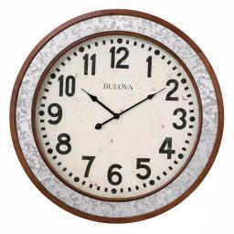 Bulova Grange 24 in. Cherry Wood and Galvanized Metal Round Wall Clock thumbnail 1