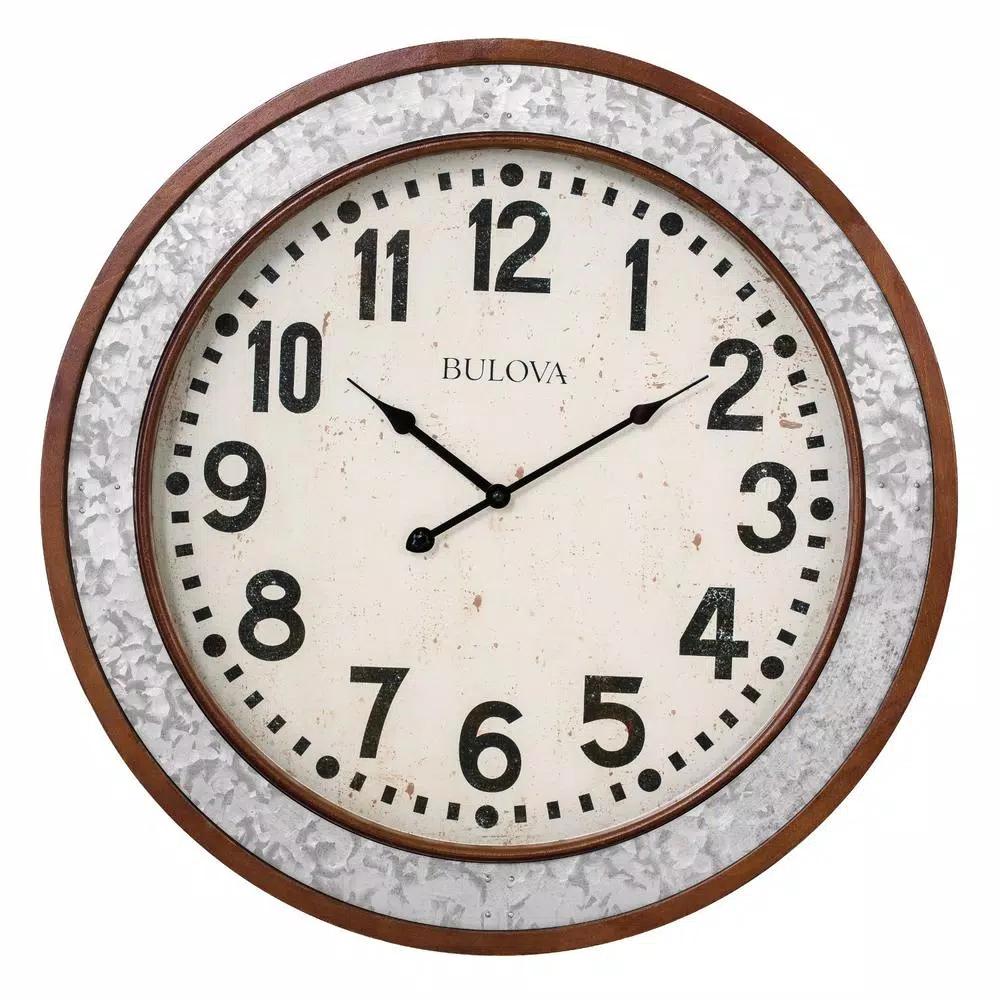 Bulova Grange 24 in. Cherry Wood and Galvanized Metal Round Wall Clock