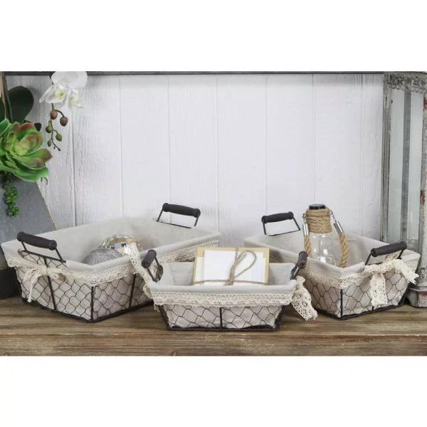 Cheungs Beige Metal Wire Decorative Tray Set of 3 with Fabric Liners - Farmhouse Style