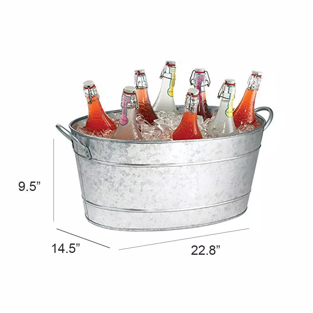 Benzara Galvanized Steel Beverage Tub with Handles, 29.5 Qt Oval Ice Bucket