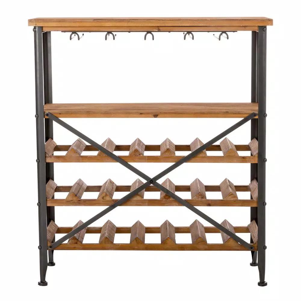 Glitzhome 34.25 in. Vintage Wood and Iron Wine Bottle and Glass Rack