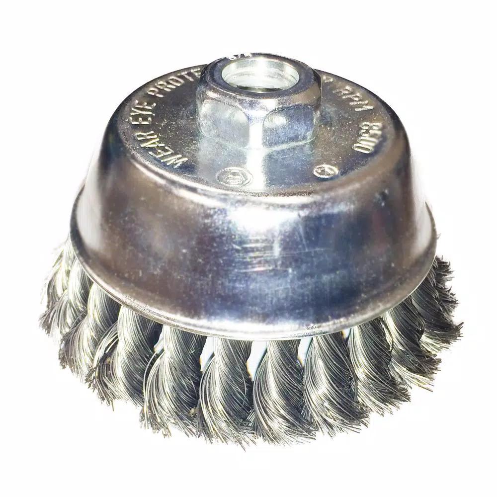 Robtec 4 in. Knotted Steel Wire Cup Brush, 5/8"-11 Threaded Arbor, 0.014 in. Wire