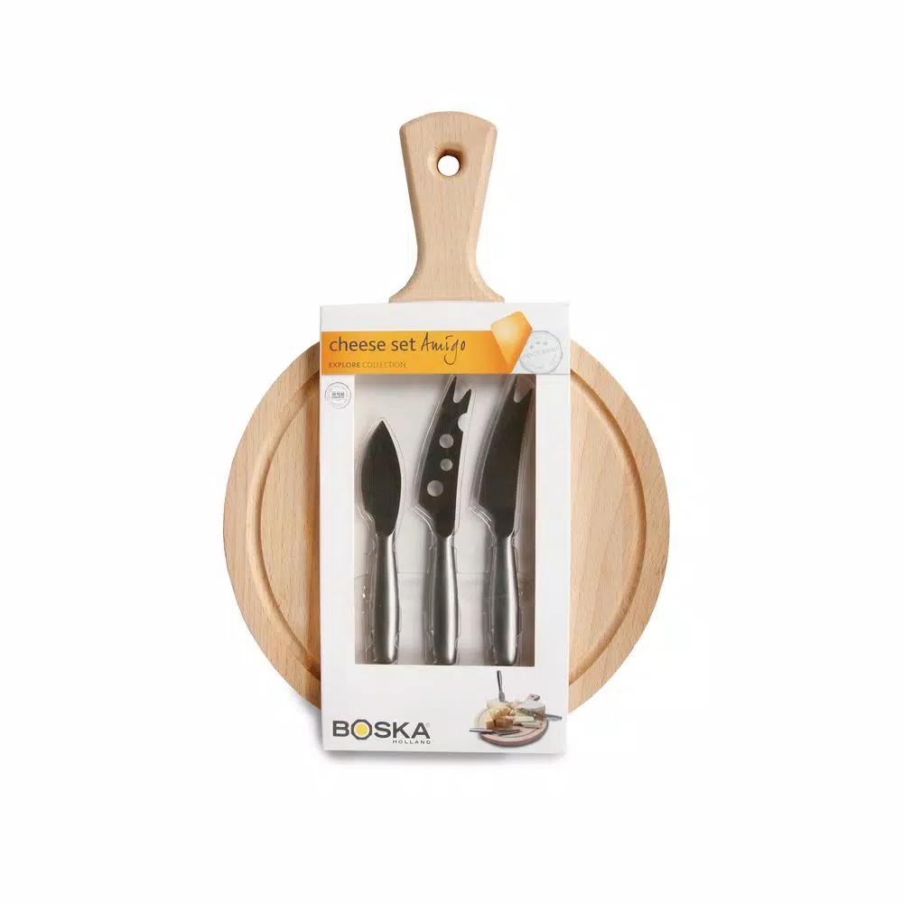 Boska Amigo 3-Piece Beechwood Cheese Board and Stainless Steel Knife Set