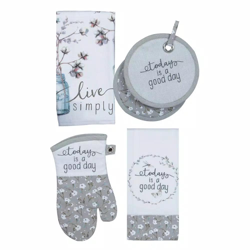 Kay Dee Lisa Audit Watercolor Floral Gray Cotton Kitchen Textile Set - 4 Piece Set