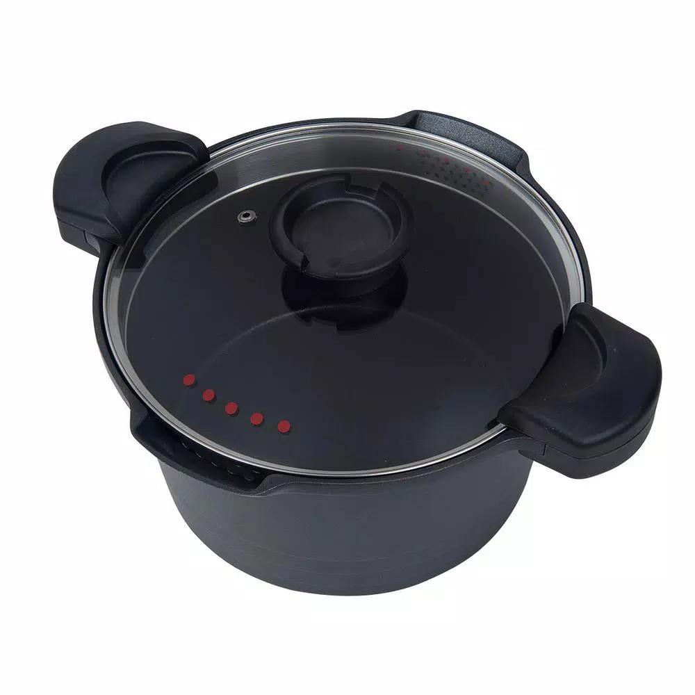 MasterPan 5 Qt. Cast Aluminum Non-Stick Stock and Pasta Pot with Glass Lid and Easy Pour Spout, Black