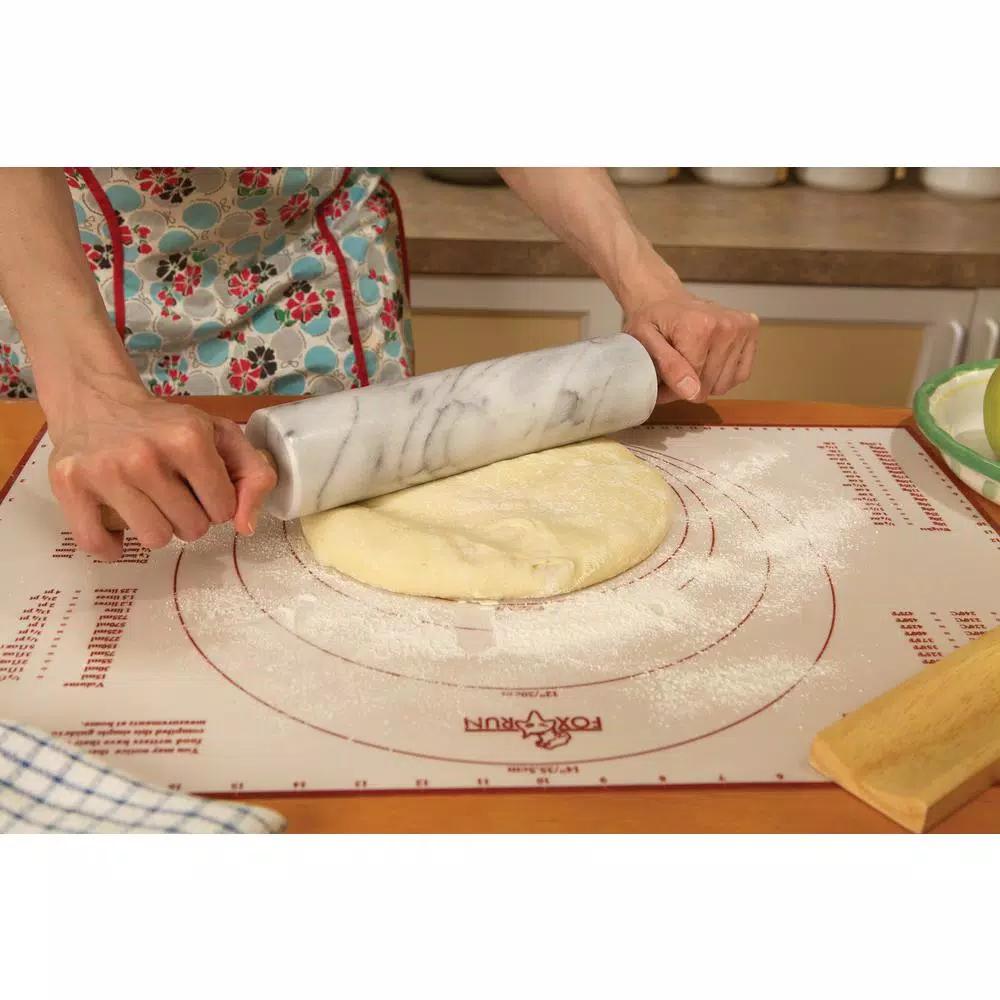 Fox Run White Marble Rolling Pin with Wooden Handles and Base