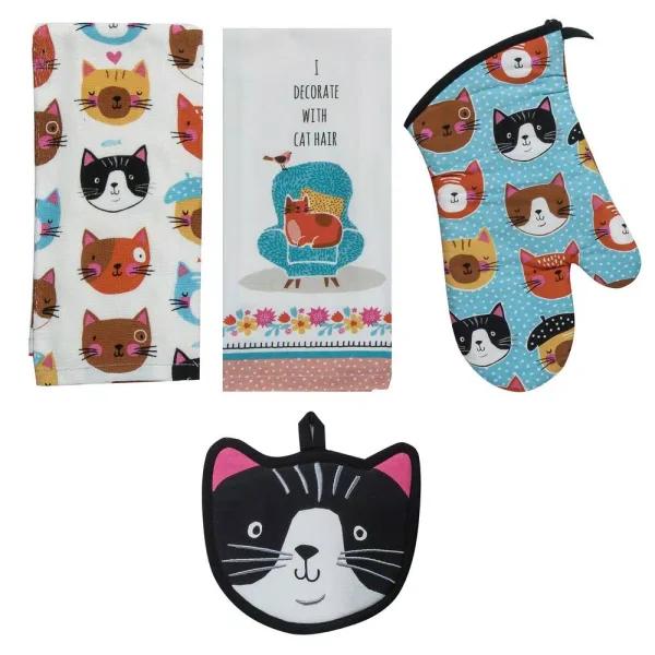 Kay Dee Crazy Cat Cotton Multi Kitchen Textile Set - 4 Piece Set