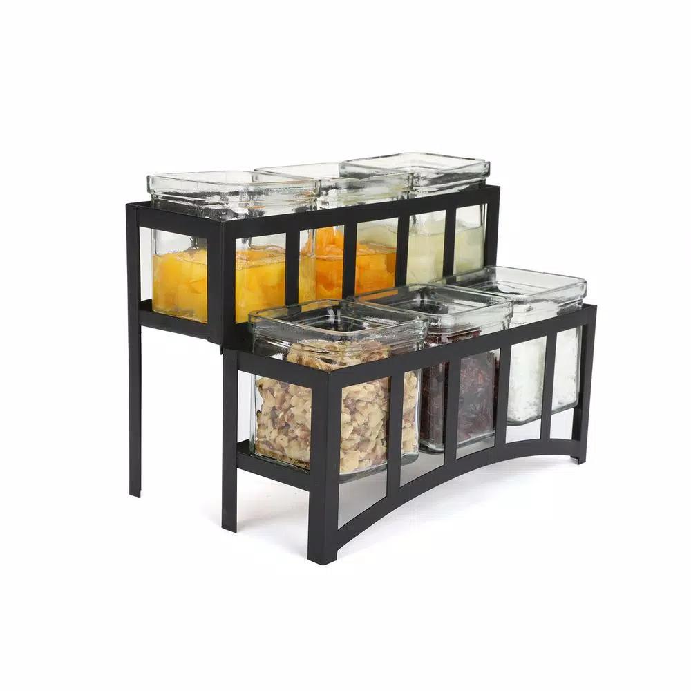 Mind Reader 6-Compartment 2-Tier Black Metal Condiment Server with 6 Removable 8 oz. Glass Jars