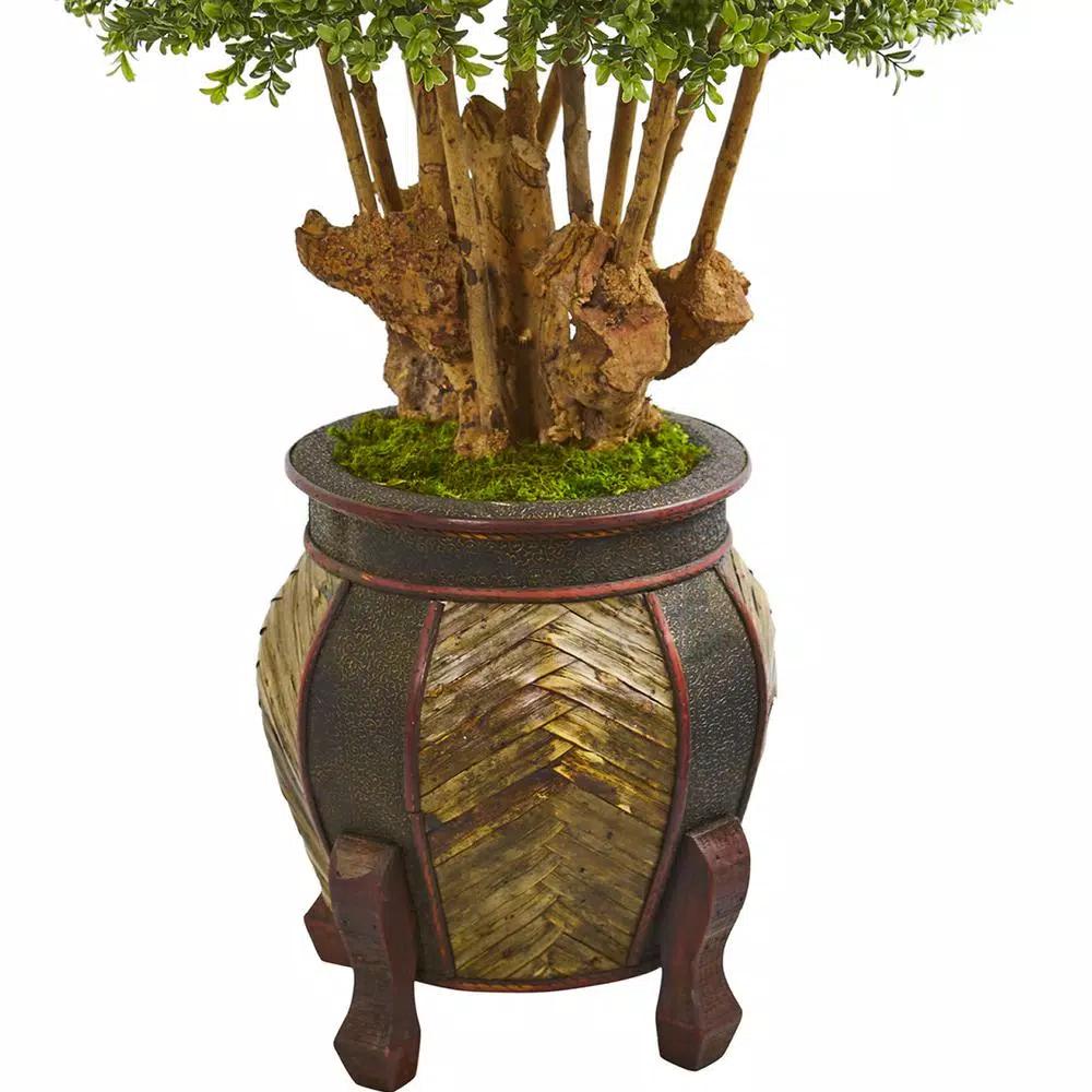 Nearly Natural 44 in. Artificial Boxwood Topiary Tree in Designer Wood Planter