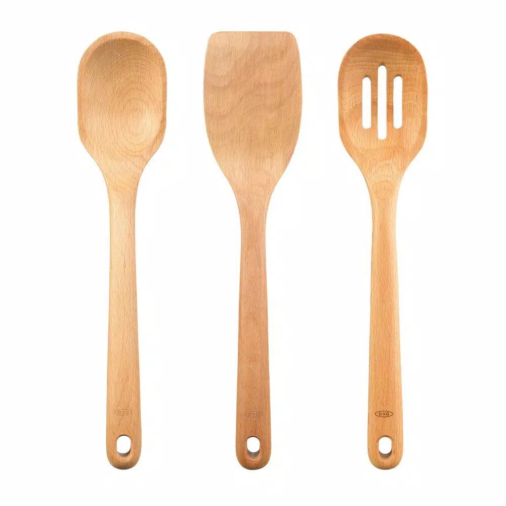 OXO Good Grips 3-Piece Beech Wood Utensil Set - Spoon, Slotted Spoon, and Turner
