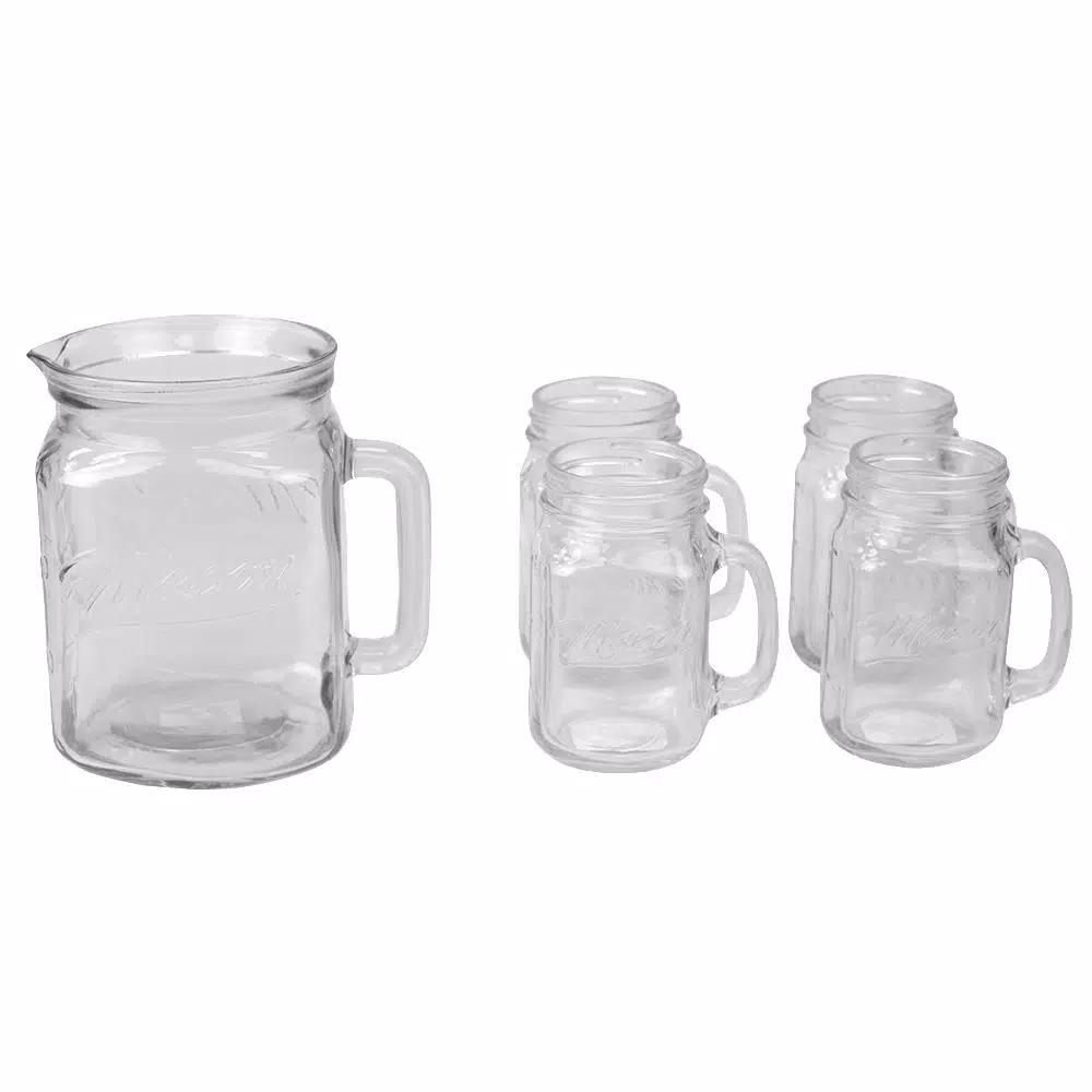 Unbranded Clear Glass Beverage Serveware Set - 2L Pitcher and 4 Matching Mugs