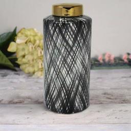 Benjara Large Black and White Ceramic Ginger Jar with Criss Cross Pattern and Gold Lid thumbnail 6