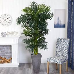 Nearly Natural 7 ft. Golden Cane Artificial Palm Tree with Cement Planter and River Rocks thumbnail 3