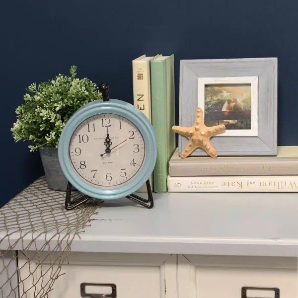 Stratton Home Decor Dixie Table Clock - Mid-Century Blue and White Handcrafted Clock