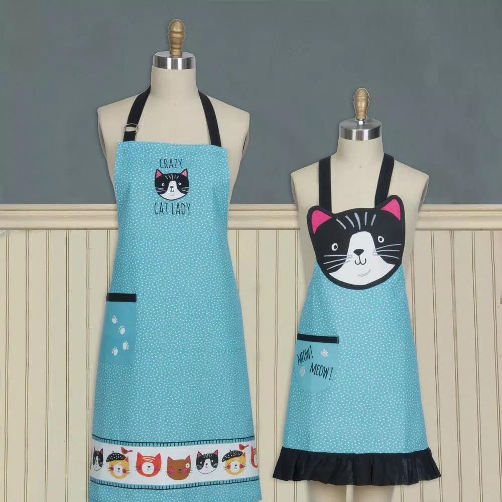 Kay Dee Crazy Cat Blue Cotton Chef and Child Apron Set - Matching Mother and Daughter Set