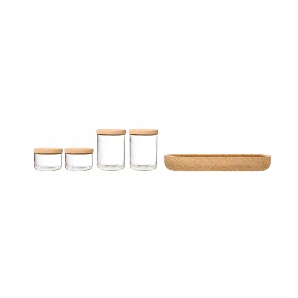 3R Studios 4-Piece Glass Storage Container Set with Cork Lids and Matching Tray