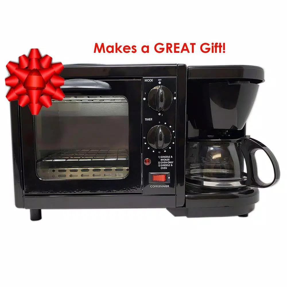 LavoHome 3-in-1 Black Stainless Steel Breakfast Maker Station: Toaster Oven, 4-Cup Coffee Maker & 6" Non-Stick Griddle