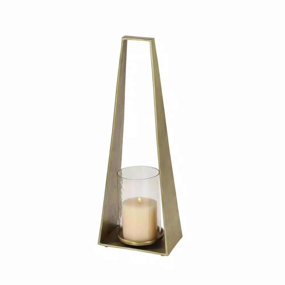 LITTON LANE Large Gold Metal Candle Lantern with Textured Hurricane Glass, 23.5 in