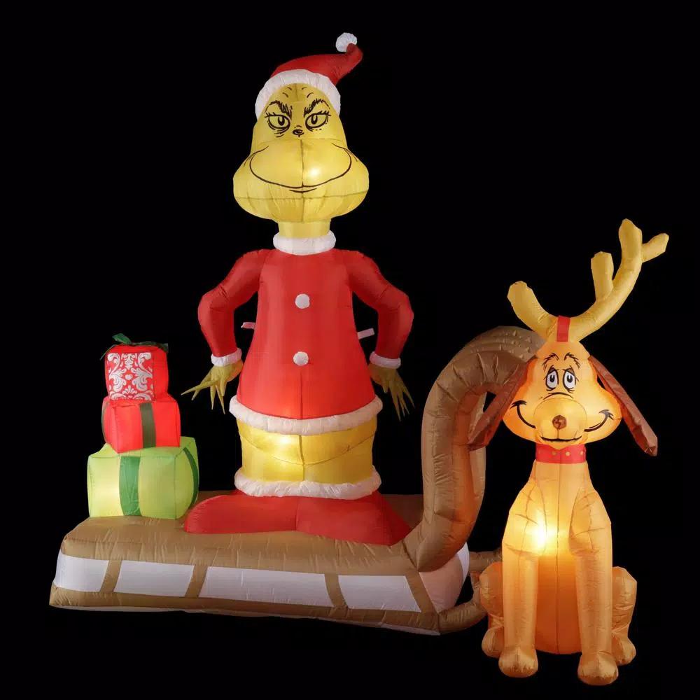 Gemmy 6 ft. Airblown Inflatable Grinch and Max on Sled Holiday Scene with LED Lights
