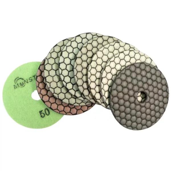 Monster Dry Diamond Polishing Pad Set, 4 in. 8-Piece Kit with Back Holder and White Buff