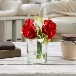 Pure Garden 6.5 in. Red Hydrangea and Rose Artificial Floral Arrangement in Glass Vase thumbnail 1
