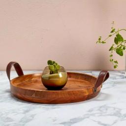 Mason Craft & More 19 in. Round Acacia Wood Serving Tray with Faux Leather Handles thumbnail 3