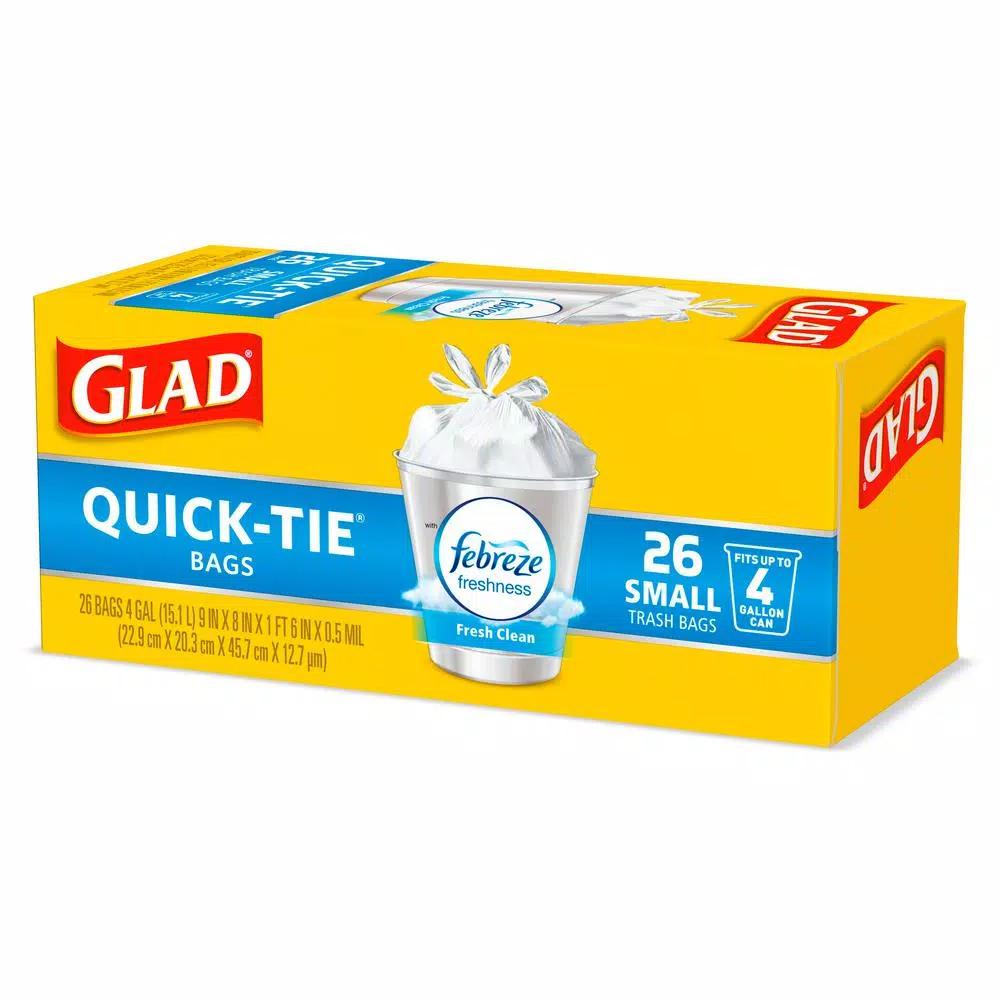 Glad OdorShield Quick-Tie Small Trash Bags, 4 Gal, Fresh Clean Scent, 26 Count