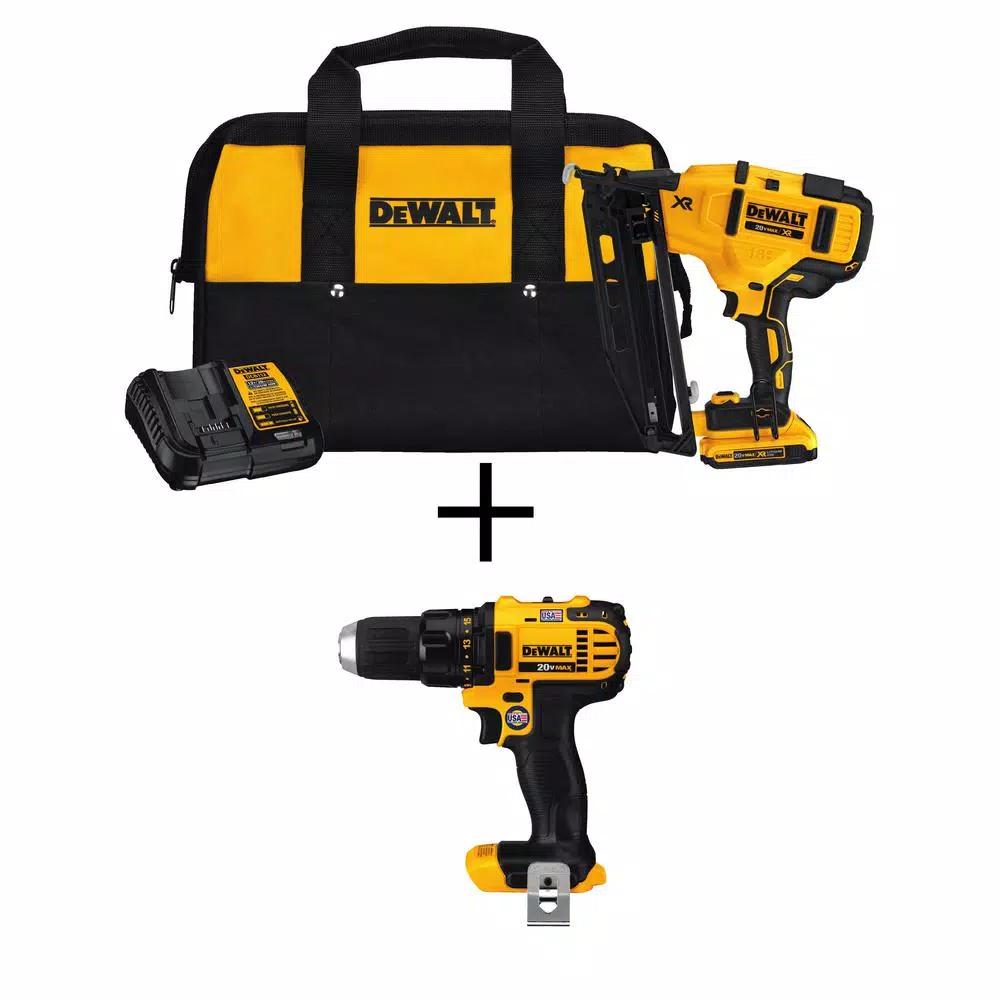 DEWALT 20V MAX 16-Gauge Cordless Angled Nailer Kit with Bonus DCD780B Compact Drill/Driver