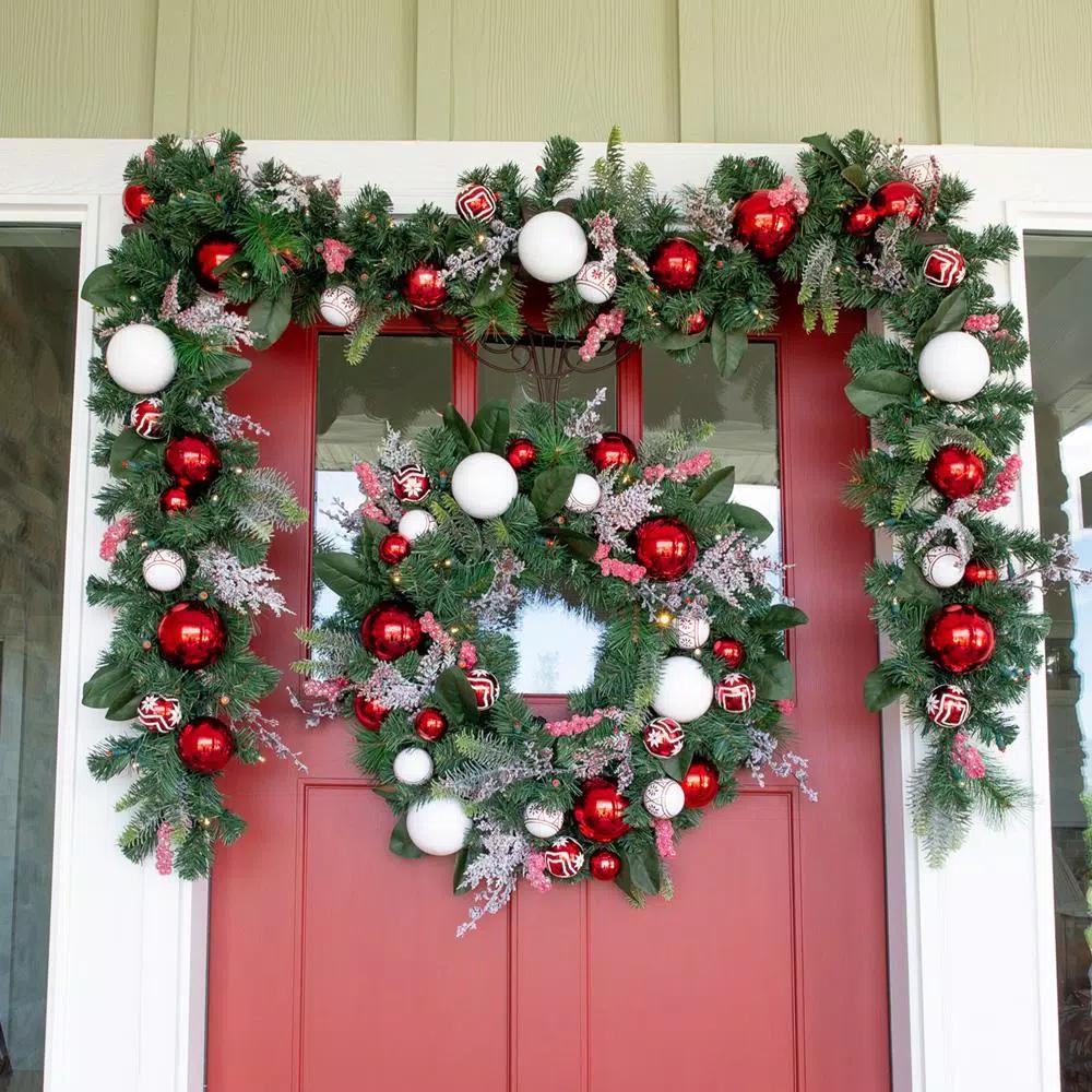 Village Lighting Company 30 in. Pre-Lit LED Nordic Red and White Christmas Wreath with Remote
