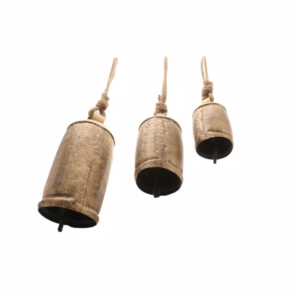 Benzara Gold 3-Piece Metal Animal Harmony Bell Set with Floral Embossed Design and Hanging Rope