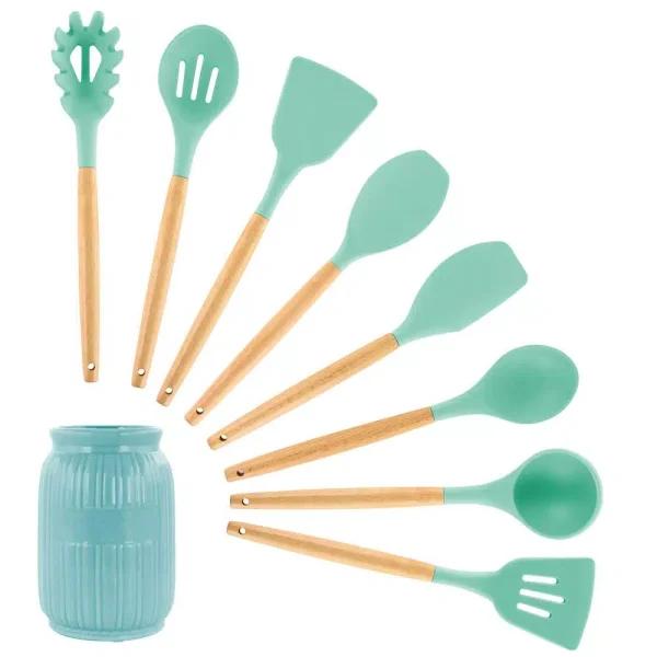 MegaChef 9-Piece Mint Green Silicone and Wood Kitchen Utensil Set with Ceramic Holder
